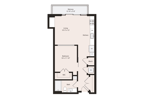 Floor plan for 1 bed, 1 bath, 684 sqft